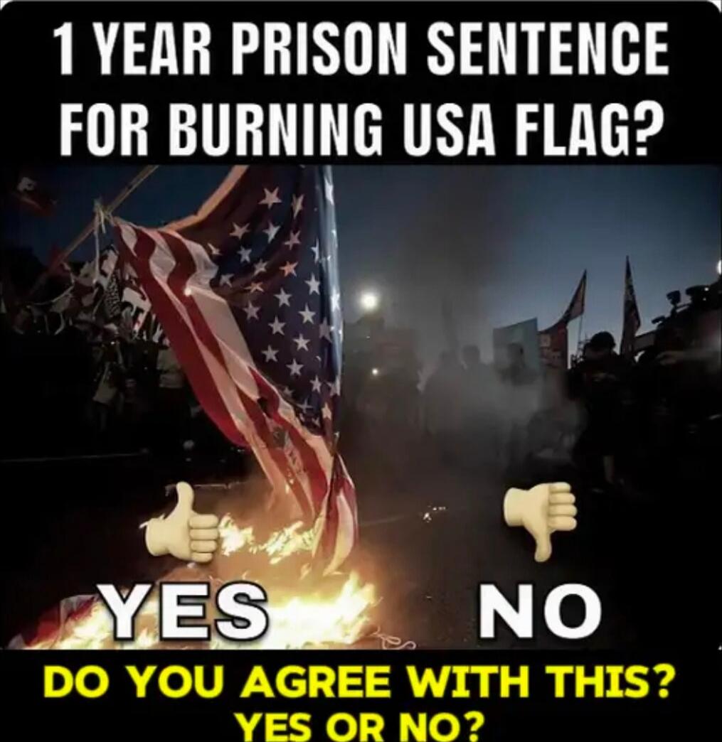1 YEAR PRISON SENTENCE FOR BURNING USA FLAG? YES NO DO YOU AGREE WITH THIS? YES OR NO?