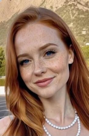 Portrait of a young woman with red hair wearing a pearl necklace, smiling softly.