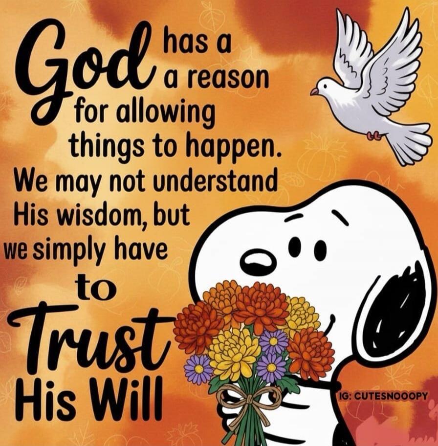 God has a reason for allowing things to happen. We may not understand His wisdom, but we simply have to Trust His Will