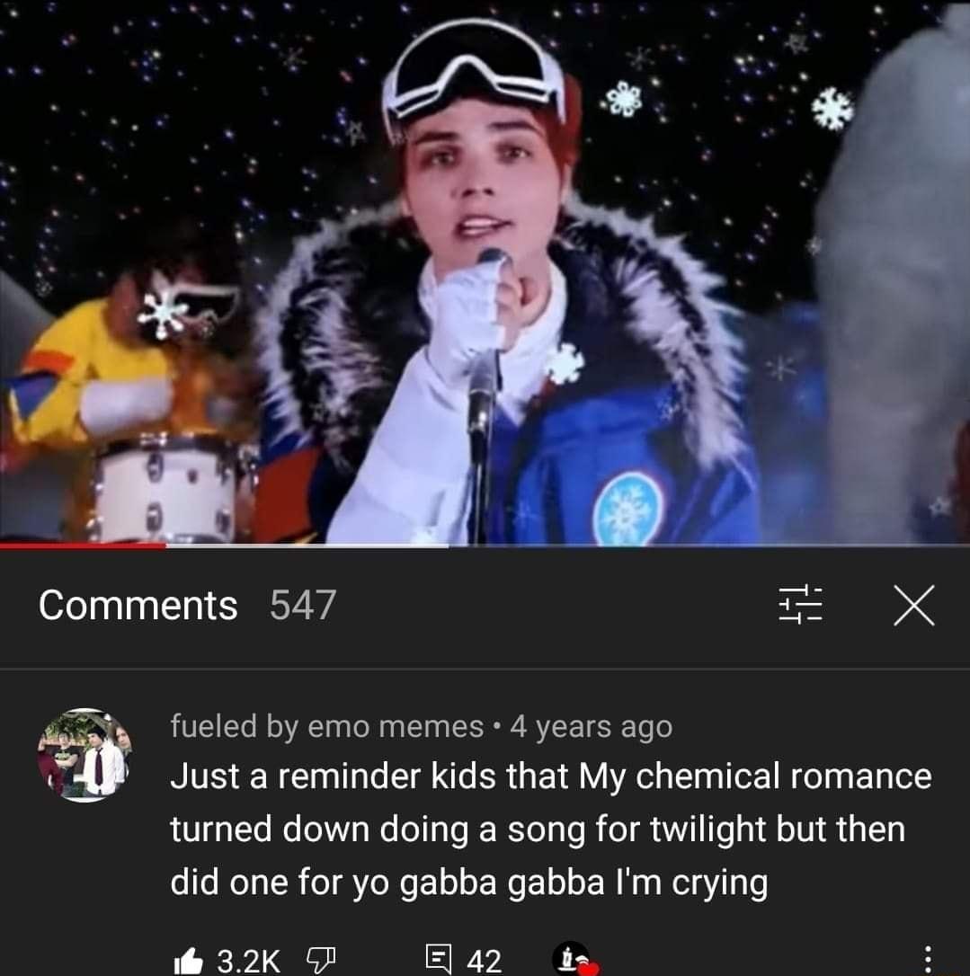 Comments 547 X L e fueled by emo memes 4 years ago NS NG R ERGER Y A Clnller N el Eg o turned down doing a song for twilight but then did one for yo gabba gabba Im crying ik 32K O E 42 i