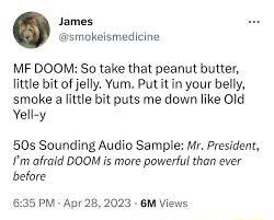 James smokeismedicine MF DOOM So take that peanut butter little bit of jelly Yum Putitin your belly smoke a little bit puts me down like Old Yell y 50s Sounding Audio Sample Mr President Im afraid DOOM is more powerful than ever before 635 PM Apr 282023 6M Views