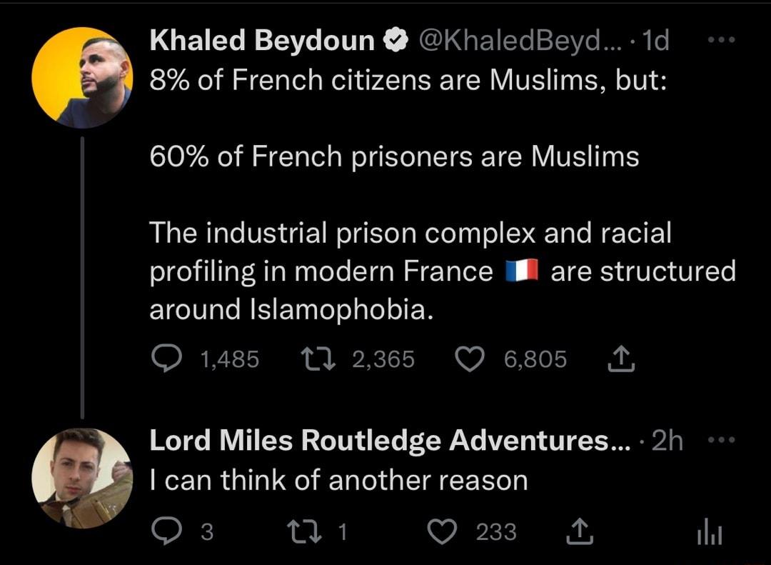 Khaled Beydoun KhaledBeyd 1d 8 of French citizens are Muslims but 60 of French prisoners are Muslims The industrial prison complex and racial profiling in modern France M are structured around Islamophobia O 1485 112365 Q 6805 Lord Miles Routledge Adventures 2h I can think of another reason OF Q1 Q233 it