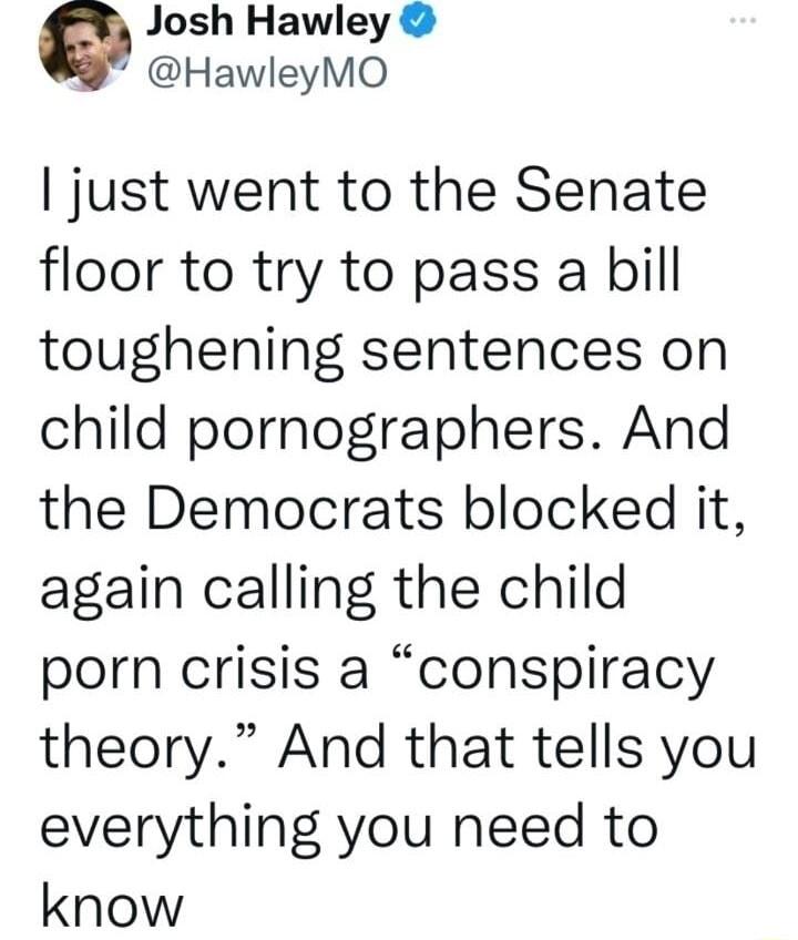 Josh Hawley HawleyMO just went to the Senate floor to try to pass a bill toughening sentences on child pornographers And the Democrats blocked it again calling the child porn crisis a conspiracy theory And that tells you everything you need to know