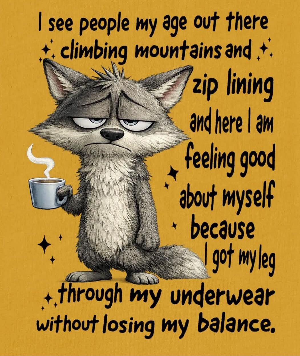 I see people my age out there climbing mountains and zip lining and here I am feeling good about myself because I got my leg through my underwear without losing my balance.