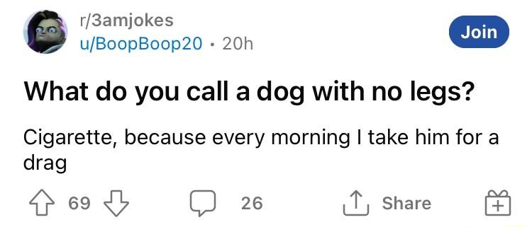 r3amjokes uBoopBoop20 20h What do you call a dog with no legs Cigarette because every morning take him for a drag Pl 2 1 share