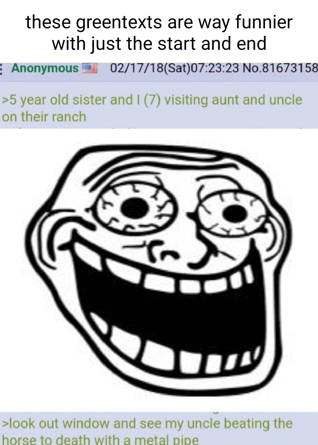 these greentexts are way funnier with just the start and end 021718Sat072323 No81673158 Anonymous 5 year old sister and 7 visiting aunt and uncle on their ranch D look out window and see my uncle beating the horse to death with a metal nine