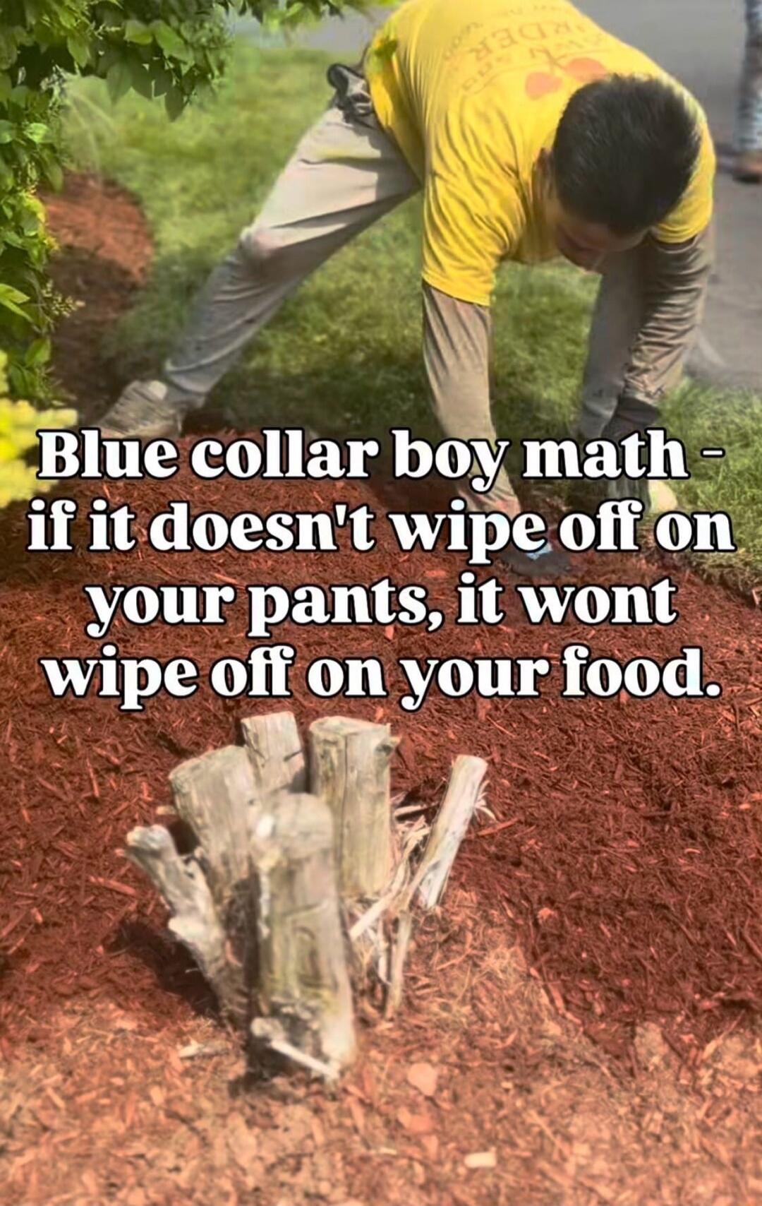 Blue collar boy math - if it doesn't wipe off on your pants, it wont wipe off on your food.