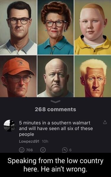 268 comments 4 5 minutes in a southern walmart and will have seen all six of these people Lowpezd91 10h O LI e Speaking from the low country here He aint wrong