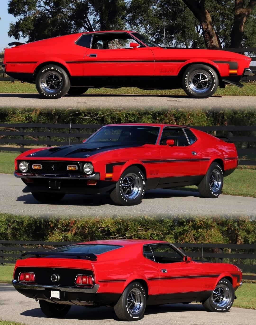 A red classic Ford Mustang with black stripes. The text 'MUSTANG' is visible on the side stripe. The tires have 'FIRESTONE' written on them.