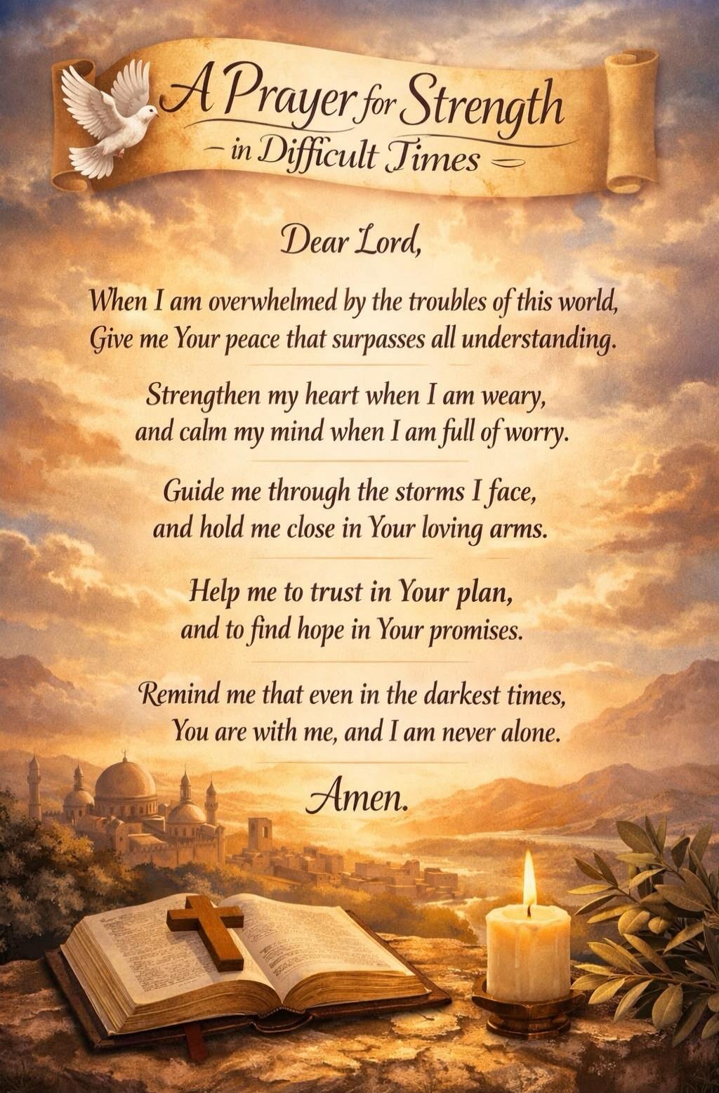 A Prayer for Strength in Difficult Times. Dear Lord, When I am overwhelmed by the troubles of this world, Give me Your peace that surpasses all understanding. Strengthen my heart when I am weary, and calm my mind when I am full of worry. Guide me through the storms I face, and hold me close in Your loving arms. Help me to trust in Your plan, and to