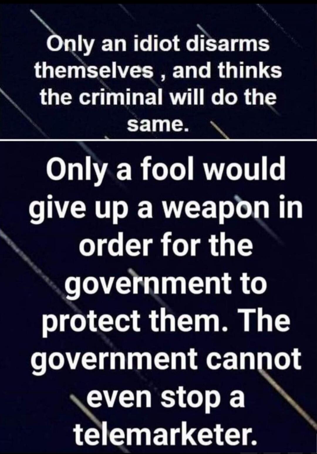 Only an idiot disarms themselves, and thinks the criminal will do the same. Only a fool would give up a weapon in order for the government to protect them. The government cannot even stop a telemarketer.