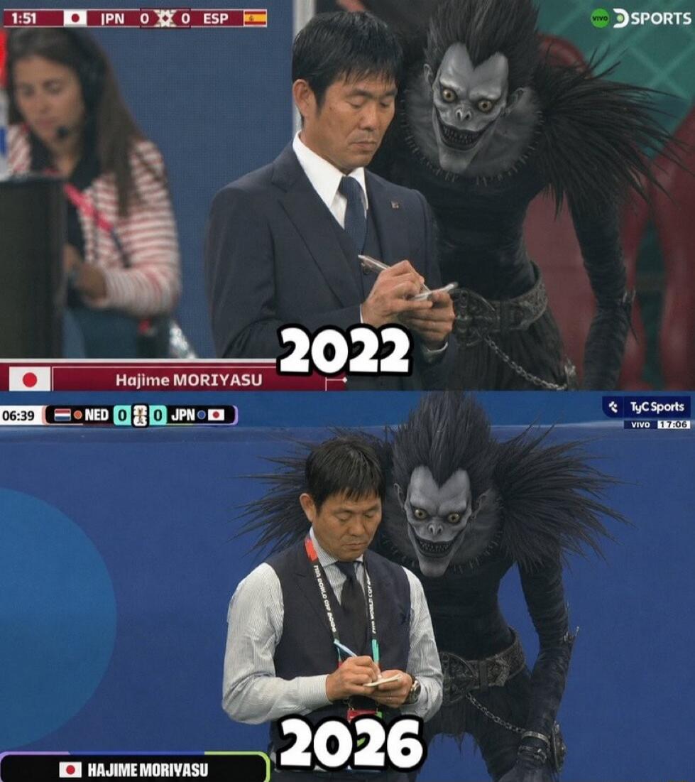 2022 JPN 0 0 ESP Hajime Moriyasu 2026 NED 0 0 JPN Hajime Moriyasu. The meme shows Japanese football coach Hajime Moriyasu diligently taking notes during matches in 2022 and 2026, with Ryuk from Death Note standing behind him.