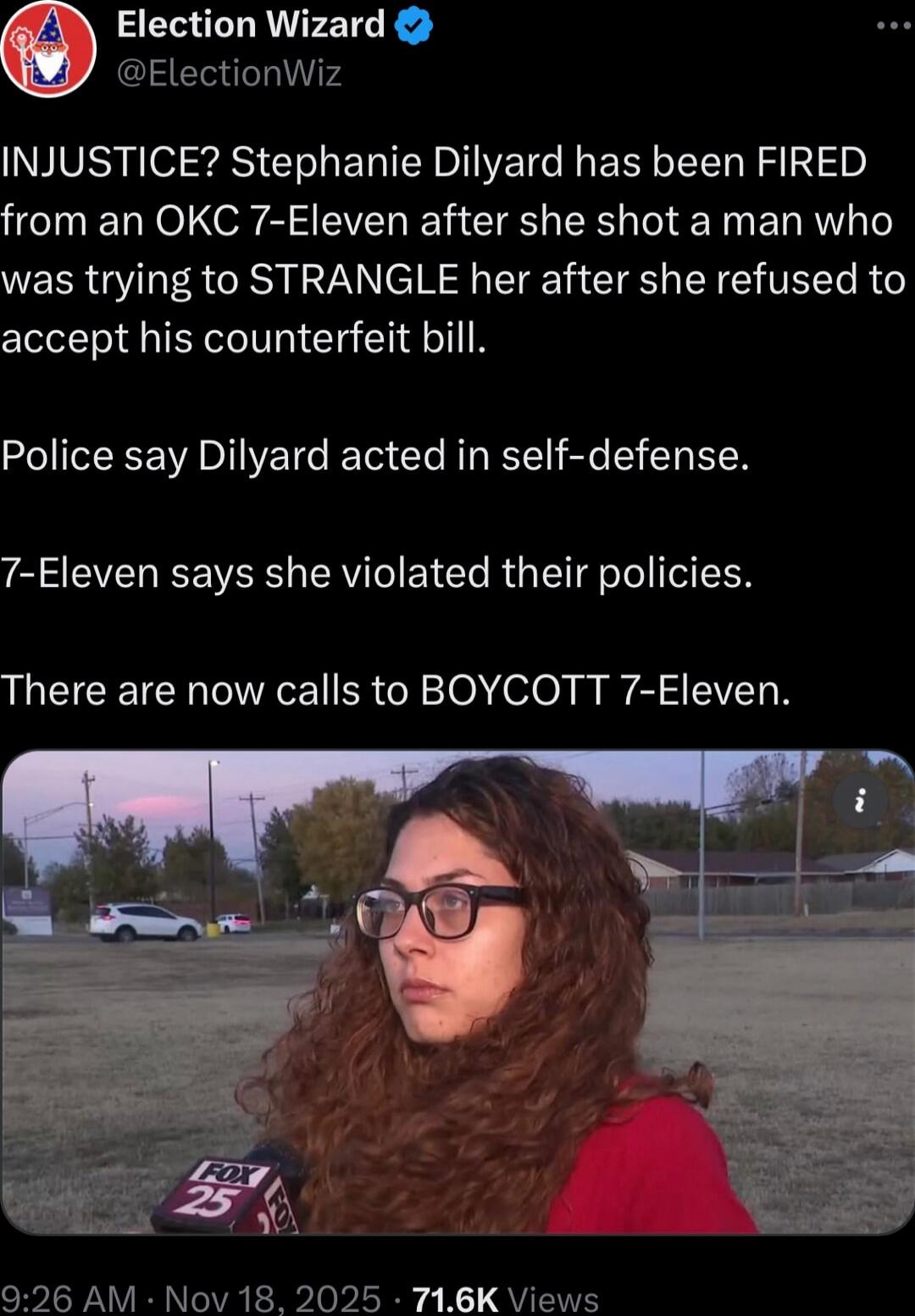 INJUSTICE? Stephanie Dilyard has been FIRED from an OKC 7-Eleven after she shot a man who was trying to STRANGLE her after she refused to accept his counterfeit bill. Police say Dilyard acted in self-defense. 7-Eleven says she violated their policies. There are now calls to BOYCOTT 7-Eleven.