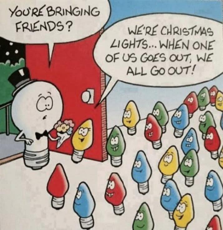 YOU'RE BRINGING FRIENDS? WE'RE CHRISTMAS LIGHTS... WHEN ONE OF US GOES OUT, WE ALL GO OUT!