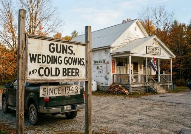 Guns, Wedding Gowns, and Cold Beer. Since 1943. Hussey's General Store. Groceries, Bait, Ice. Open.