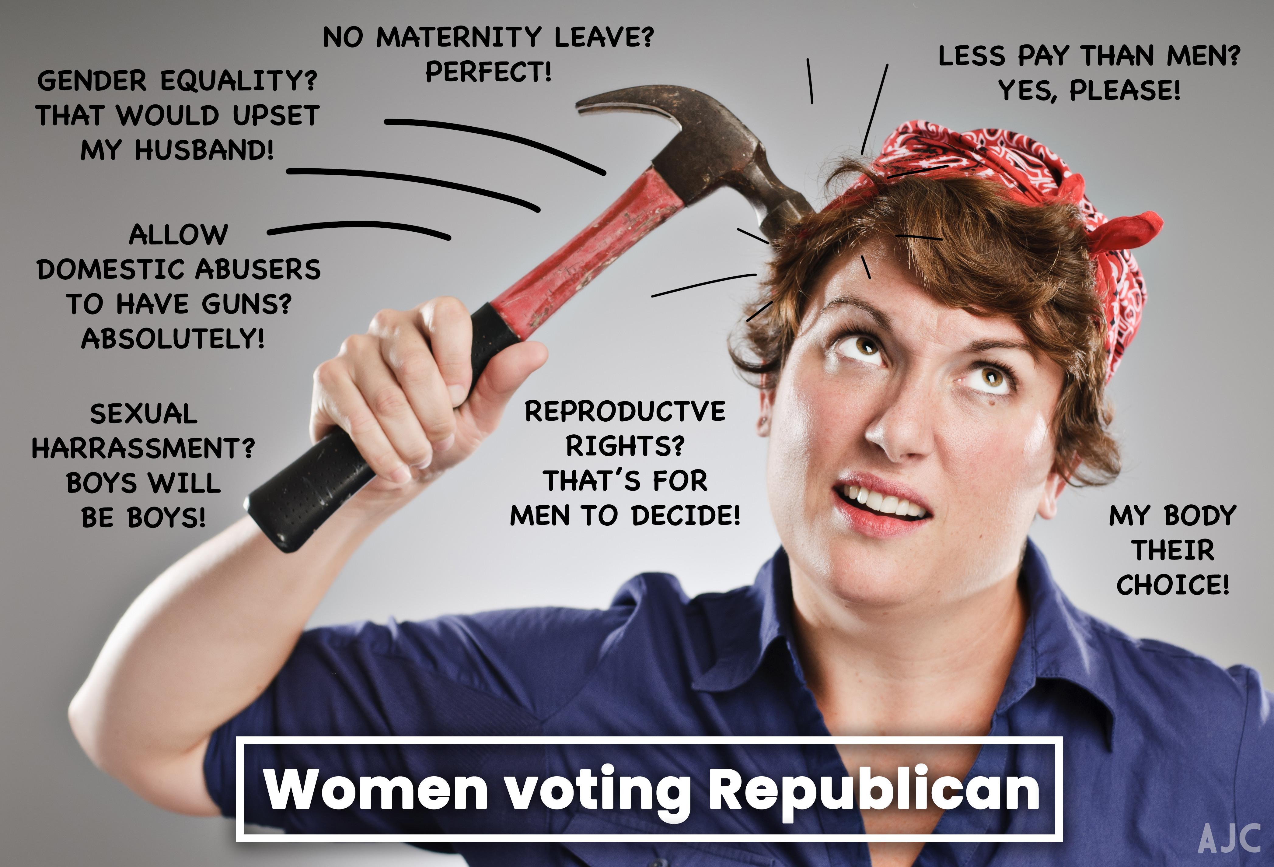 NO MATERNITY LEAVE o LESS PAY THAN MENT YES PLEASEL o TO HAVE GUNS ABSOLUTELYT sexun RepRopucrve HARRASSMENTY Rianrsr Rovs i Tirs roR BE BOYS MEN TO DECIDE MY BODY THEIR cHotce Women voting Rep Jlgm