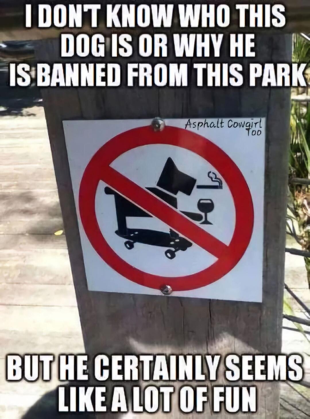 I DON'T KNOW WHO THIS DOG IS OR WHY HE IS BANNED FROM THIS PARK BUT HE CERTAINLY SEEMS LIKE A LOT OF FUN. The sign shows a dog on a skateboard, smoking a cigarette, and drinking wine, all crossed out with a red circle, indicating prohibition. There is also a watermark 'Asphalt Cowgirl Too'.