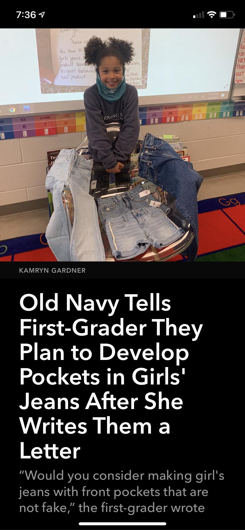 736 v T e KAMRYN GARDNER ol B EVAI First Grader They M ETIR TN BI AVY o o Pockets in Girls Jeans After She VA CRLELE Letter BTV Ie AVZe YT R e Tt e YR e EY oY Re T B jeans with front pockets that are not fake the first grader wrote