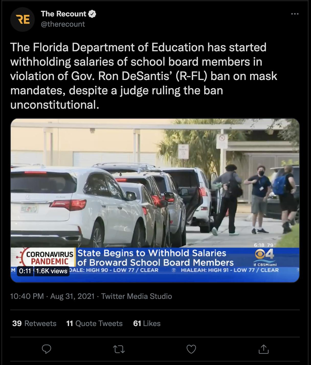 The Recount E therecount RN AN o FEWDLTor Tadga 101 o ill o Te 1dTo g W R Tg T Wikdalalel e Tat R F 1FTE 3 l Tel goTol WoToL Tdo o T 0 o ST SR g violation of Gov Ron DeSantis R FL ban on mask mandates despite a judge ruling the ban unconstitutional Bl B State Begins to Withhold Salaries oY o il 17 ETe Yol g ToTo W To 10 W 4 10 4 o 11 cosami M 011 16K views DALE HIGH 90 LOW 77 CLEAR HIALEAH HIGH 91