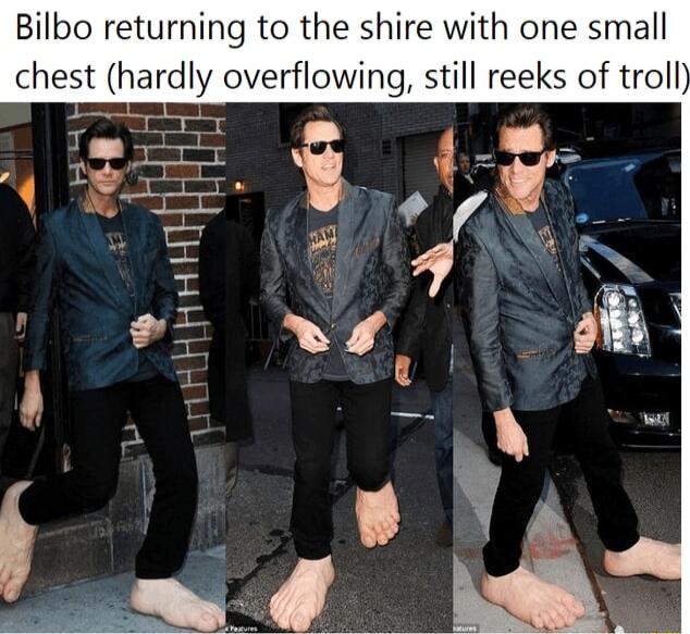 Bilbo returning to the shire with one small chest hardly overflowing still reeks of troll g