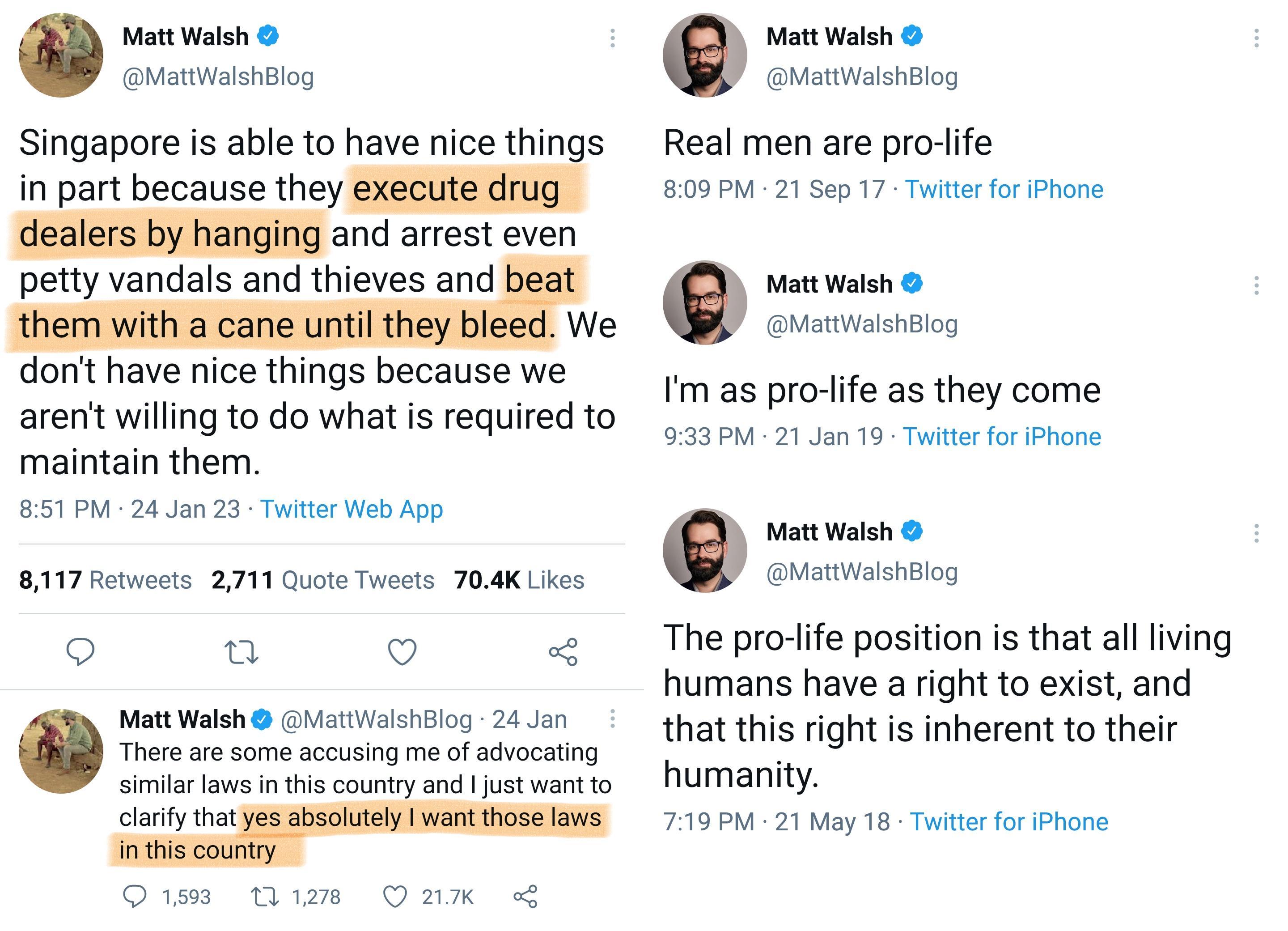 Matt Walsh MartHashiiog Singapore is able to have nice things In part becauee they SIEREREREN and artest even petty vandals and thieves and We dont have nice things because we arent willing to do what s required to maintain them 517020023 T Wb on 877 Rt 2711 Quote Twests 704K ikns n M Mot Waeh Gainion 24 dn Thore 1 som accsing meofadvocatng Simiar s n s county ad st want o canty tat Sim Tum Qam Mt