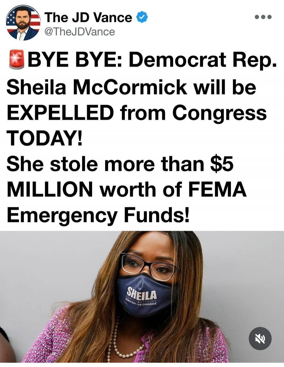 The JD Vance @TheJDVance BYE BYE: Democrat Rep. Sheila McCormick will be EXPELLED from Congress TODAY! She stole more than $5 MILLION worth of FEMA Emergency Funds! SHEILA DEMOCRAT FOR CONGRESS