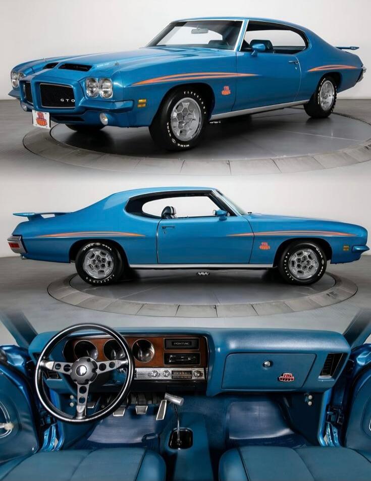 GTO. Pontiac. The Judge. A classic blue Pontiac GTO muscle car is displayed from three different angles: a front-side view, a full side profile, and a detailed shot of its interior, showcasing the dashboard, steering wheel, and blue seats.
