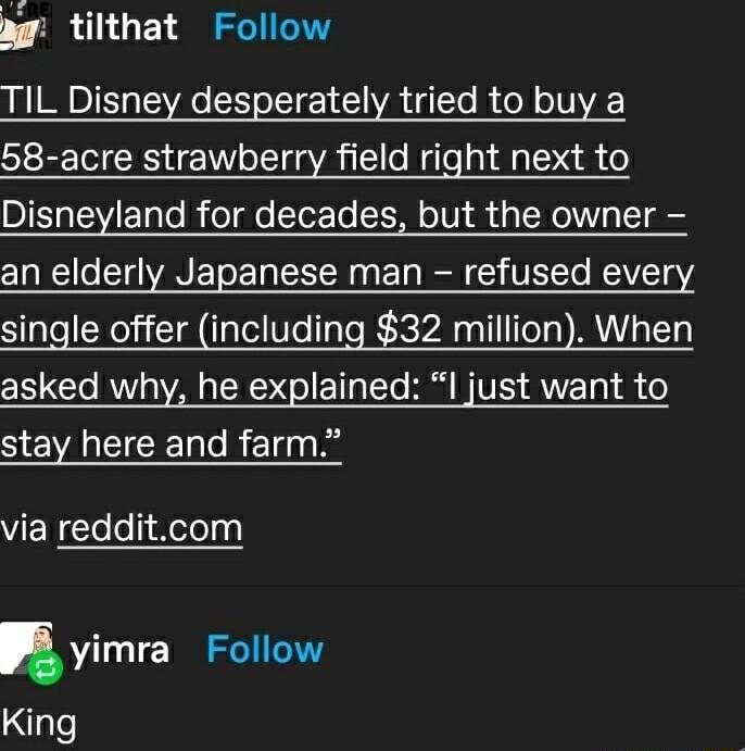 ag tilthat Follow TIL Disney desperately tried to buy a 58 acre strawberry field right next to Disneyland for decades but the owner an elderly Japanese man refused every single offer including 32 million When asked why he explained I just want to stay here and farm via redditcom yimra Follow King
