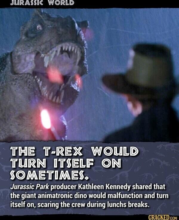 JURASNC WORLD THE T REX WOLILD TURN ITSELF ON SOMETIMES Jurassic Park producer Kathleen Kennedy shared that the giant animatronic dino would malfunction and turn itself on scaring the crew during lunchs breaks GRACKED com