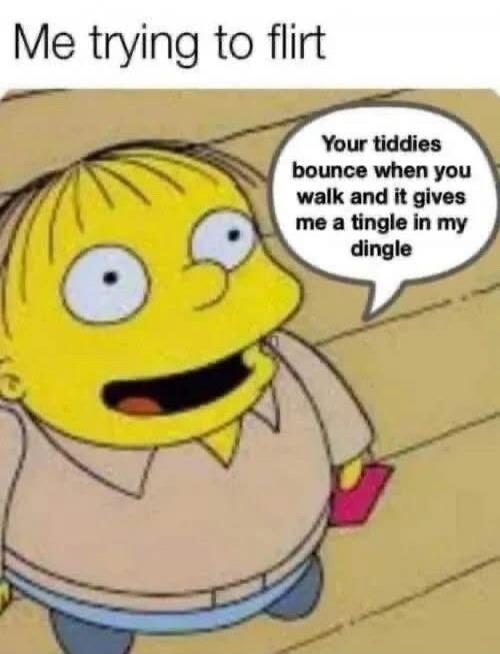 Me trying to flirt. Your tiddies bounce when you walk and it gives me a tingle in my dingle.