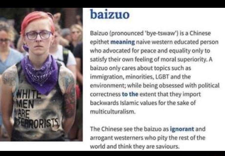 baizuo Baizuo pronounced bye tswaw is a Chinese epithet meaning naive western educated person who advocated for peace and equality only to satisfy their own feeling of moral superiority A baizuo only cares about topics such as immigration minorities LGBT and the environment while being obsessed with political correctness to the extent that they import backwards Islamic values for the sake of multi