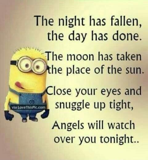 The night has fallen, the day has done. The moon has taken the place of the sun. Close your eyes and snuggle up tight, Angels will watch over you tonight.
