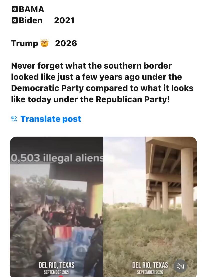 OBAMA Biden 2021 Trump 😡 2026 Never forget what the southern border looked like just a few years ago under the Democratic Party compared to what it looks like today under the Republican Party! Translate post 0,503 illegal aliens DEL RIO, TEXAS SEPTEMBER 2021 DEL RIO, TEXAS SEPTEMBER 2026