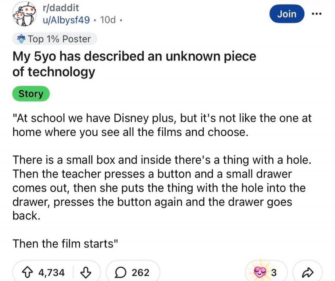 r/daddit u/Albysf49 • 10d • Top 1% Poster
My 5yo has described an unknown piece of technology
Story
