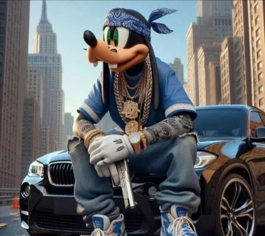 Cartoon character Goofy posing with a gun, wearing a blue bandana, numerous gold chains, a blue hoodie, ripped jeans, and sneakers, sitting on the hood of a car in a city street.