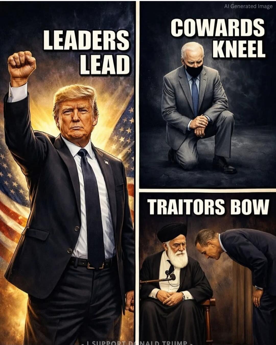LEADERS LEAD. COWARDS KNEEL. TRAITORS BOW. AI Generated Image. I SUPPORT DONALD TRUMP.