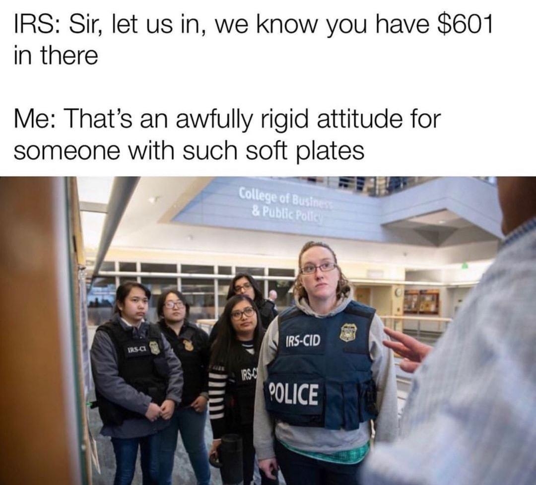 IRS Sir let us in we know you have 601 in there Me Thats an awfully rigid attitude for someone with such soft plates