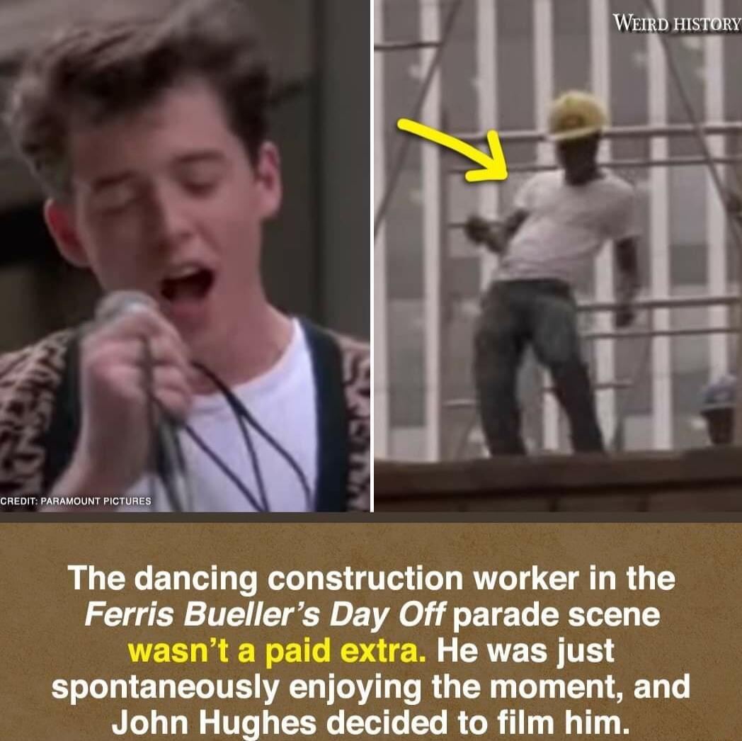 The dancing construction worker in the Ferris Buellers Day Off parade scene wasnt a paid extra He was just spontaneously enjoying the moment and John Hughes decided to film him