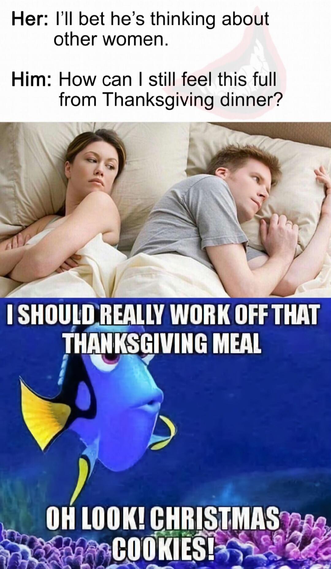 Her: I’ll bet he’s thinking about other women.
Him: How can I still feel this full from Thanksgiving dinner?
I SHOULD REALLY WORK OFF THAT THANKSGIVING MEAL
OH LOOK! CHRISTMAS COOKIES!