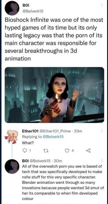 P mormein Fovem BOI DBolverk1s Bioshock Infinite was one of the most hyped games of its time but its only lasting legacy was that the porn of its main character was responsible for several breakthroughs in 3d animation y Ether101 Ether101_Prime 33m whoX Replying to Bolverk1s T4 what o1 Q4 8 BOI Bolverk15 30m All of the overwatch porn you see is based of tech that was specifically developed to make