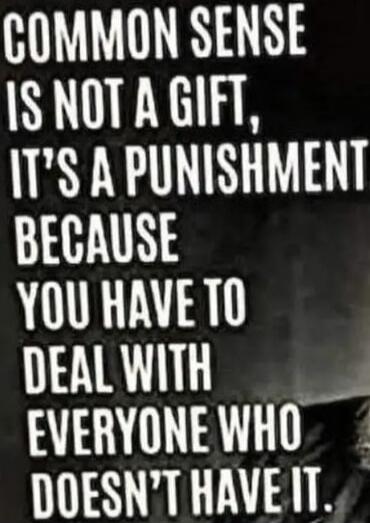 COMMON SENSE IS NOT A GIFT, IT'S A PUNISHMENT BECAUSE YOU HAVE TO DEAL WITH EVERYONE WHO DOESN'T HAVE IT.