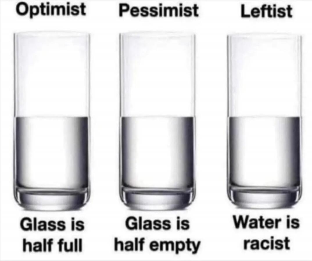 Optimist: Glass is half full. Pessimist: Glass is half empty. Leftist: Water is racist.