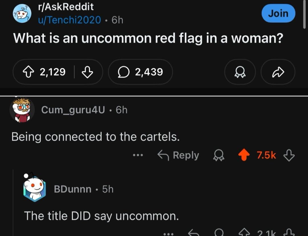 rAskReddit oz e What is an uncommon red flag in a woman H2129 O 2439 R g Cum_gurudu 6h IR G CO R R ENE R CICN SReply Q 4 75k BDunnn 5h The title DID say uncommon P