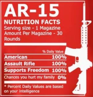 AR-15 NUTRITION FACTS Serving size - 1 Magazine Amount Per Magazine - 30 Rounds % Daily Value American 100% Assault Rifle 100% Supports Freedom 100% Chances you hurt my family 0% * Percent Daily Values are based on your intelligence
