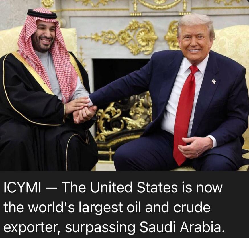 ICYMI — The United States is now the world's largest oil and crude exporter, surpassing Saudi Arabia.