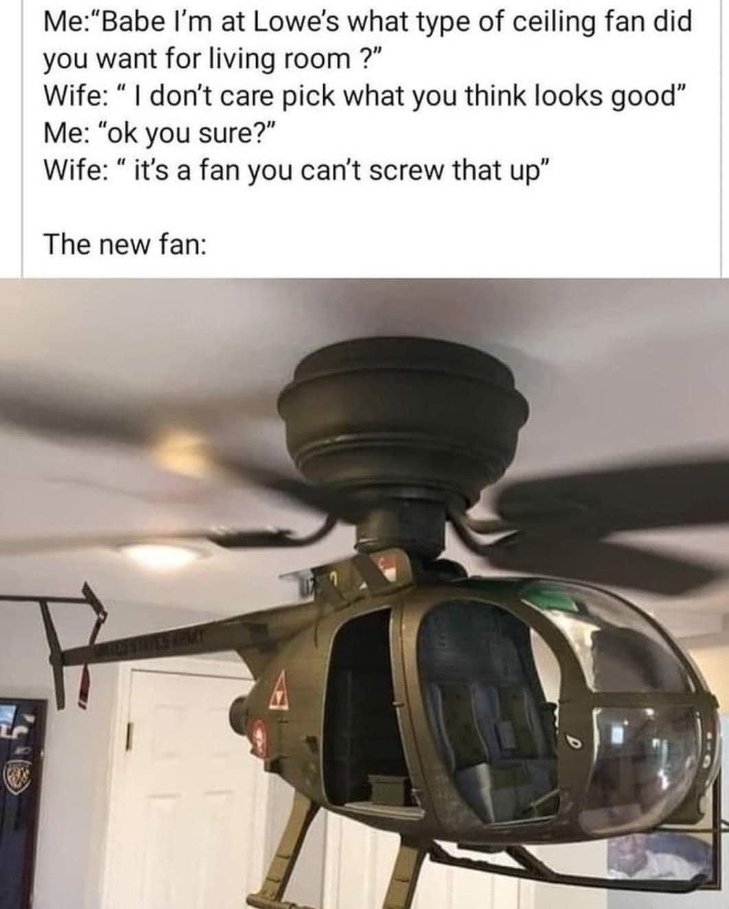 MeBabe Im at Lowes what type of ceiling fan did you want for living room Wife dont care pick what you think looks good Me ok you sure Wife its a fan you cant screw that up The new fan