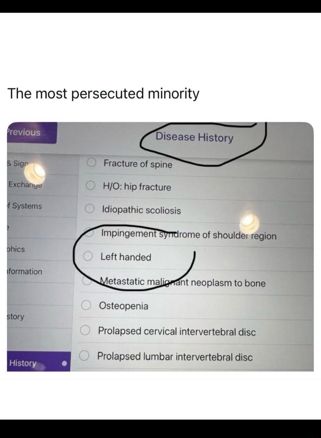 The most persecuted minority
Disease History
Fracture of spine
H/O: hip fracture
Idiopathic scoliosis
Impingement syndrome of shoulder region
Left handed
Metastatic malignant neoplasm to bone
Osteopenia
Prolapsed cervical intervertebral disc
Prolapsed lumbar intervertebral disc