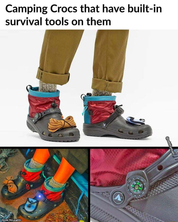 Camping Crocs that have built in survival tools on them