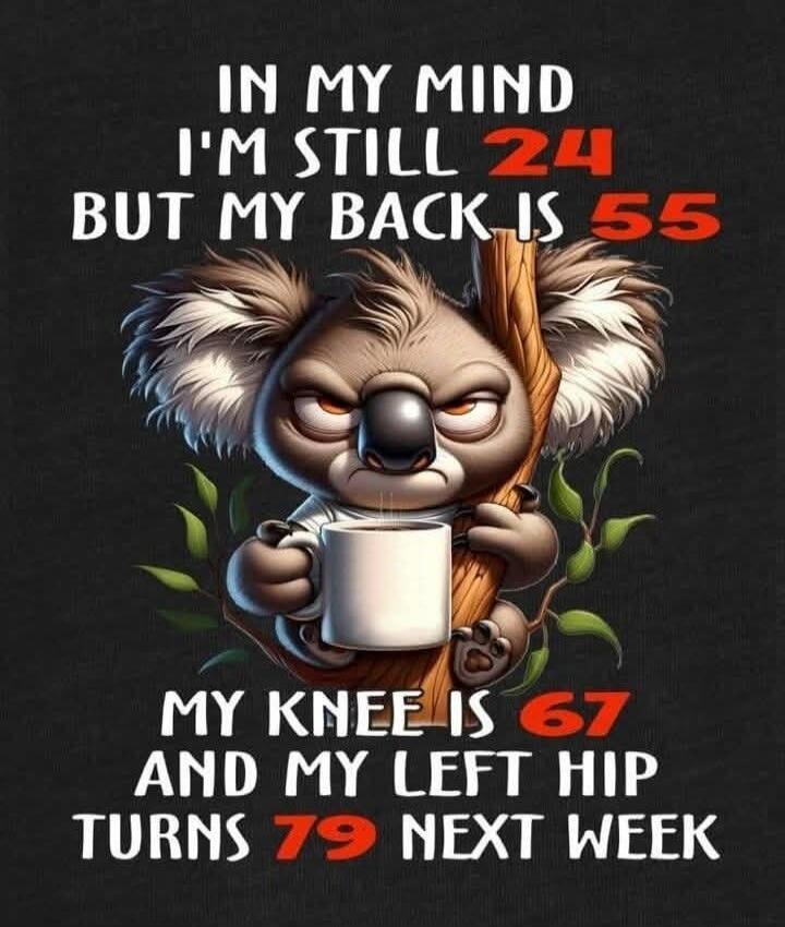 IN MY MIND I'M STILL 24 BUT MY BACK IS 55 MY KNEE IS 67 AND MY LEFT HIP TURNS 79 NEXT WEEK