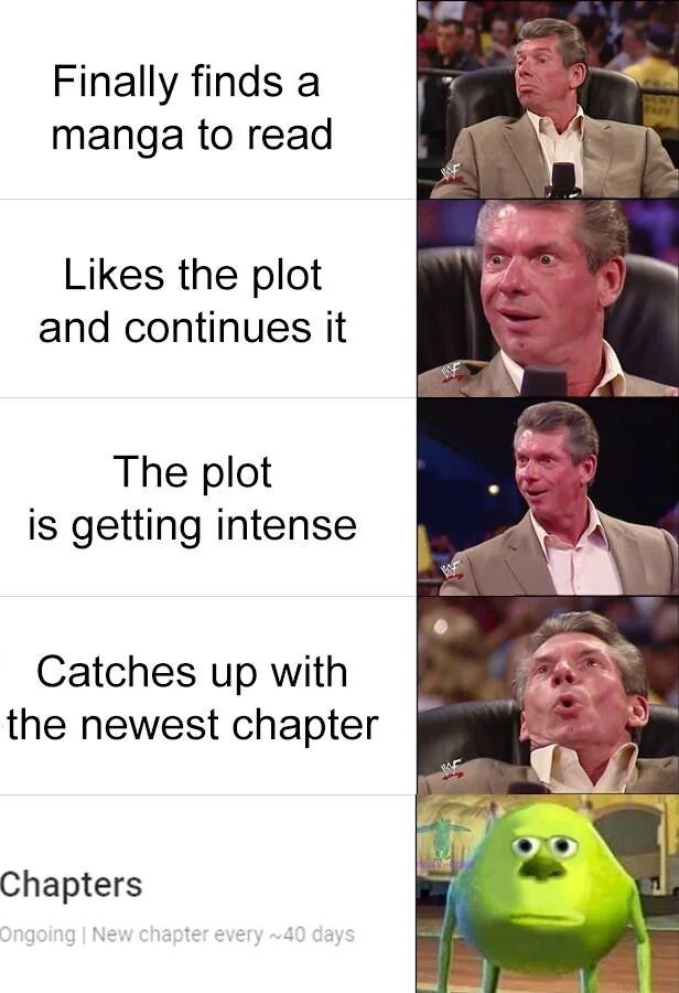 Finally finds a manga to read Likes the plot and continues it The plot is getting intense Catches up with the newest chapter Chapters